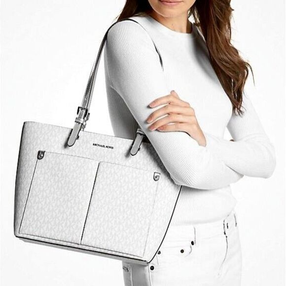 New Michael Kors Jet Set Travel Medium Double Pocket Logo Tote Optic White - Picture 3 of 3